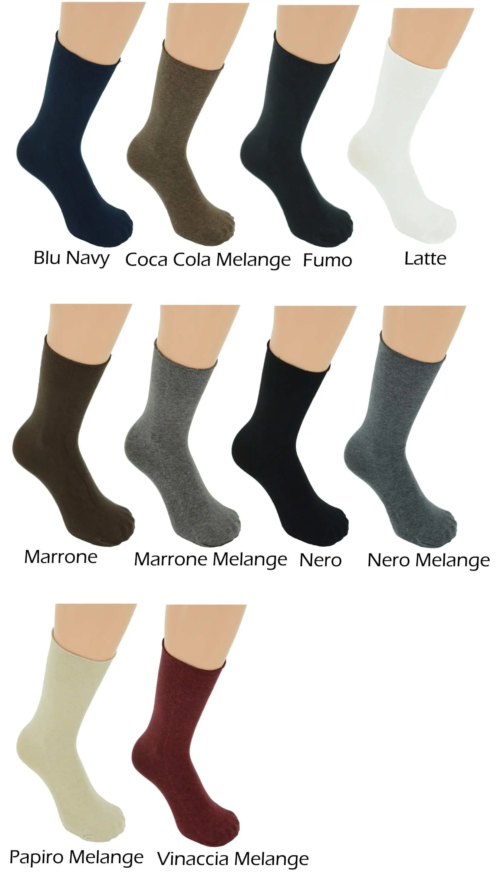 Blu Navy, Coca Cola Melange, Fumo, Latte, Marrone, Marrone Melange, Nero (Sort), Nero Melange, Papiro Melange, Vinaccia Melange